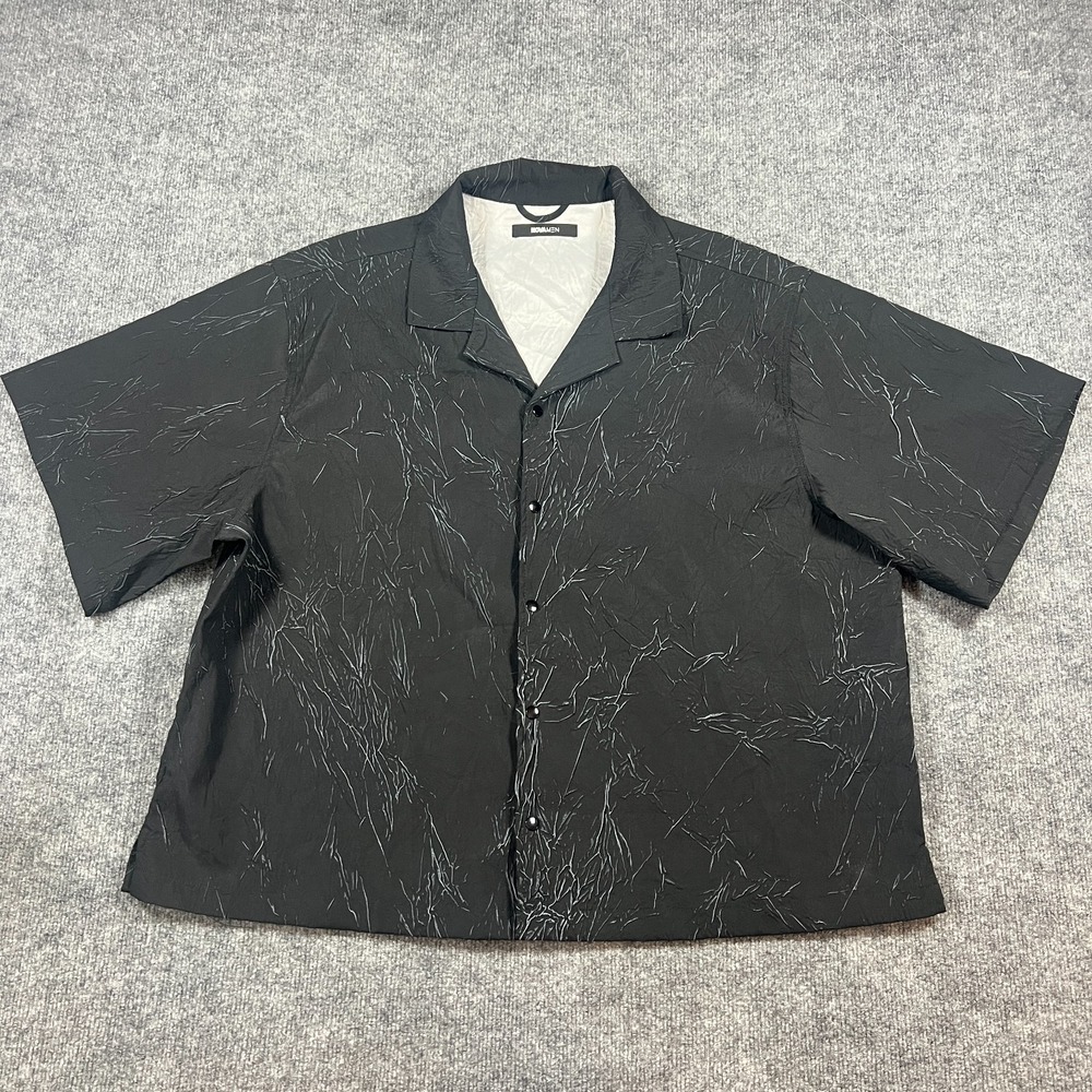 Novamen Hawaiian Shirt Mens 2XL‎ Black Textured Wrinkle Camp Collar Button Up